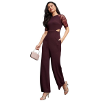 Women's Halter Neck Sleeveless Solid Wide Leg Sequin Paneled Regular Length Jumpsuit