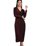 Women's Stylish Casual Evening Textured Full Sleeve V-Neck Bodycon Body Fitted Midi Dress, Maroon