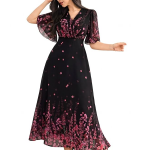 Women's Georgette Dresses Floral Printed One Piece | V Neck Flutter Sleeve Casual Summer Dress with Belt | Elegant Office Wear & Party Dress