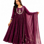 Creation Women's Cotton Embroidery Anarkali Kurti and Pant with Dupatta Set