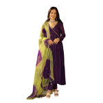 Women's Georgette Solid with Minimal Embellishment Long Anarkali Kurti With Pant And Dupatta Set (Red)