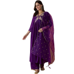 Rayon Women's Embroidered Alia Cut Kurta With Pant And Dupatta Set