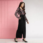 Women’s Polyester Semi-Formal Jumpsuit with Round Neck Half Sleeves Adjustable Waist Tie Abstract Pattern and Regular Fit