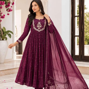 Creation Women's Cotton Embroidery Anarkali Kurti and Pant with Dupatta Set