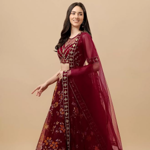 Women's Ethnic Wear Floral Digital Printed Organza zari Sequin Work Semi-Stitched Lehenga Choli With Dupatta