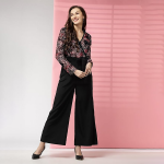 Women’s Polyester Semi-Formal Jumpsuit with Round Neck Half Sleeves Adjustable Waist Tie Abstract Pattern and Regular Fit