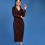 Women's Stylish Casual Evening Textured Full Sleeve V-Neck Bodycon Body Fitted Midi Dress, Maroon