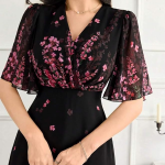 Women's Georgette Dresses Floral Printed One Piece | V Neck Flutter Sleeve Casual Summer Dress with Belt | Elegant Office Wear & Party Dress
