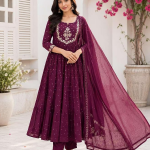 Creation Women's Cotton Embroidery Anarkali Kurti and Pant with Dupatta Set
