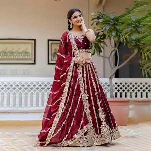 Art Silk Embroidery Sequence Work Lehenga Choli Unstitch Blouse With Dupatta For Women