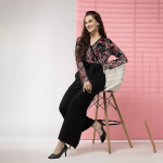 Women’s Polyester Semi-Formal Jumpsuit with Round Neck Half Sleeves Adjustable Waist Tie Abstract Pattern and Regular Fit