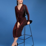 Women's Stylish Casual Evening Textured Full Sleeve V-Neck Bodycon Body Fitted Midi Dress, Maroon