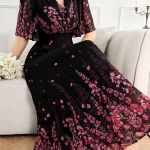 Women's Georgette Dresses Floral Printed One Piece | V Neck Flutter Sleeve Casual Summer Dress with Belt | Elegant Office Wear & Party Dress