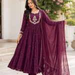 Creation Women's Cotton Embroidery Anarkali Kurti and Pant with Dupatta Set