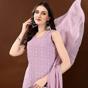 Women's Georgette Straight Kurta Palazzo Set with Dupatta